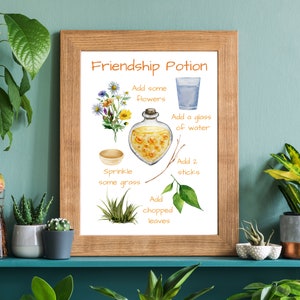 Peut inclure: Une affiche imprimable avec des illustrations &agrave; l'aquarelle d'une recette de potion d'amiti&eacute;. La recette comprend des fleurs, de l'eau, de l'herbe, des feuilles et des b&acirc;tonnets. Le texte indique "Potion d'amiti&eacute;".