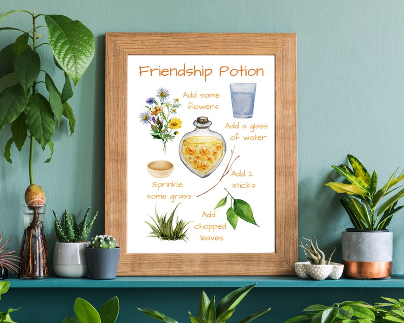 Peut inclure: Une affiche imprimable avec des illustrations &agrave; l'aquarelle d'une recette de potion d'amiti&eacute;. La recette comprend des fleurs, de l'eau, de l'herbe, des feuilles et des b&acirc;tonnets. Le texte indique "Potion d'amiti&eacute;".