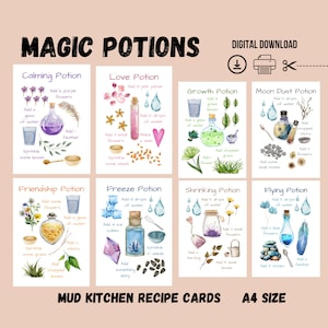 Printable Mud Kitchen Recipe Cards, Magic Fairy Potion Cards, Montessori Materials, Outdoor Play, Nature Play, Forest School, Homeschool