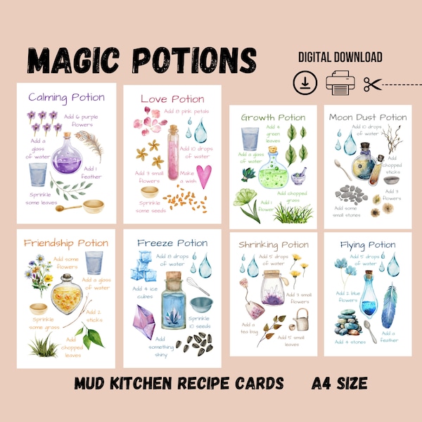 Printable Mud Kitchen Recipe Cards, Magic Fairy Potion Cards, Montessori Materials, Outdoor Play, Nature Play, Forest School, Homeschool