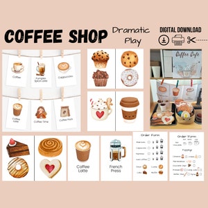 Pièce de théâtre dramatique dans un café, Barre de chocolat chaud, Jeu de simulation, Café pour enfants, Jeu de rôle, École maternelle, École à la maison, Montessori, Cartes-éclair sur le café