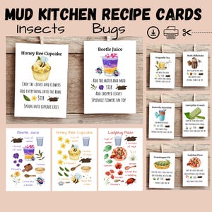 Druckbare Schlamm Küche Rezeptkarten, Zutatenkarten, Käfer, Insekten, Montessori Materialien, Spielen im Freien, Naturspiel, Waldschule, Homeschool
