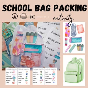 Op de afbeelding: Een aquarel illustratie met de tekst "SCHOOL BAG PACKING activity". De afbeelding toont schoolspullen zoals een rugzak, waterflessen, potloden en een paklijst. Het kleurenpalet omvat roze, groen en blauw.