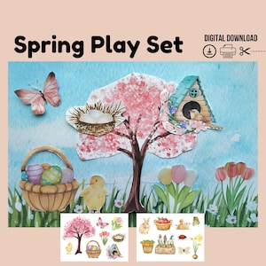 Spring Play Set, Paper Spring Garden, Spring Pretend Play, Paper Spring Animals, DIY Paper Craft, Montessori, Prek, Homeschool Printable