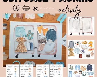 Koffer inpakken activiteit, activiteit kleding sorteren, checklist spel inpakken, drukke boekenpagina, montessori, prek, homeschool afdrukbaar