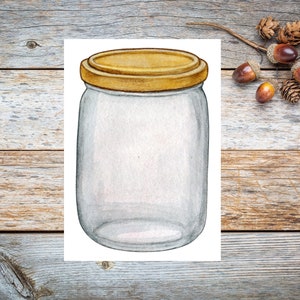 May include: A clear glass jar with a golden lid. The jar is empty and has a slightly textured surface. The jar is sitting on a white background.