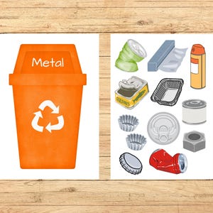 Op de afbeelding: Een oranje recyclebak met het label "Metal" en een wit recycle symbool. De bak is omringd door verschillende metalen voorwerpen, waaronder blikjes, flessendoppen en een spuitbus.