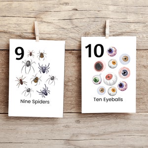 Puede incluir: Dos tarjetas blancas con n&uacute;meros y texto negros. La primera tarjeta muestra el n&uacute;mero 9 y nueve ara&ntilde;as grises. La segunda tarjeta muestra el n&uacute;mero 10 y diez ojos de colores.