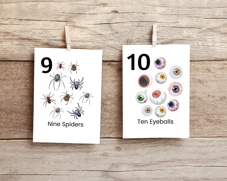 Puede incluir: Dos tarjetas blancas con n&uacute;meros y texto negros. La primera tarjeta muestra el n&uacute;mero 9 y nueve ara&ntilde;as grises. La segunda tarjeta muestra el n&uacute;mero 10 y diez ojos de colores.