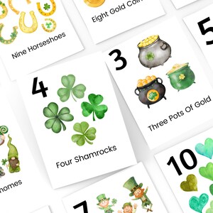 May include: Watercolor illustrations of St. Patrick's Day themed cards. The cards feature images of horseshoes, shamrocks, pots of gold, gnomes, and hearts. Each card has a number from 1 to 10, with corresponding images.