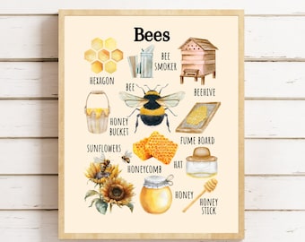 Póster de aprendizaje de abejas, estudio de la naturaleza, educación Montessori en casa (descarga digital)