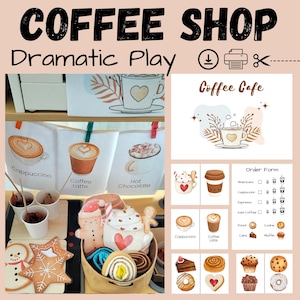 Coffee Shop Dramatic Play, Hot Chocolate Bar, Pretend Play, Kids Cafe, Role Play, Preschool, Homeschool, Montessori, Coffee Flashcards