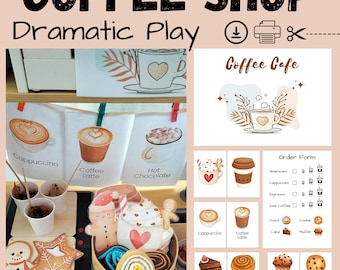Coffee Shop Dramatic Play, Hot Chocolate Bar, Pretend Play, Kids Cafe, Role Play, Preschool, Homeschool, Montessori, Coffee Flashcards