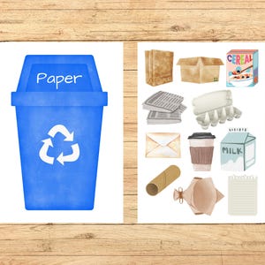 Op de afbeelding: Een blauwe recyclebak met het woord "Paper" erop en een wit recycle-symbool.  Er zijn verschillende items op een witte achtergrond die gerecycled kunnen worden, waaronder een kartonnen doos, een doos met ontbijtgranen, een papieren zak, een krant, een eierdoos, een envelop, een koffiebeker, een melkpak, een rol toiletpapier, een papieren zak en een vel met lijnen.