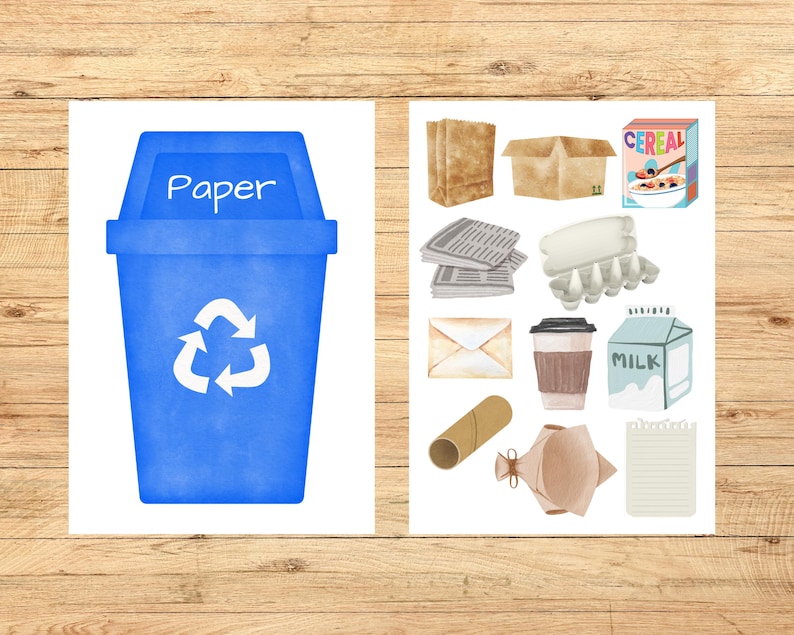 Op de afbeelding: Een blauwe recyclebak met het woord "Paper" erop en een wit recycle-symbool.  Er zijn verschillende items op een witte achtergrond die gerecycled kunnen worden, waaronder een kartonnen doos, een doos met ontbijtgranen, een papieren zak, een krant, een eierdoos, een envelop, een koffiebeker, een melkpak, een rol toiletpapier, een papieren zak en een vel met lijnen.
