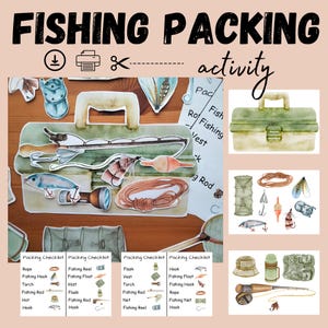Op de afbeelding: Een aquarel illustratie van een visverpakking activiteit. De afbeelding toont een viskist, visgerei en paklijsten. De tekst "FISHING PACKING activity" staat bovenaan. De afbeelding bevat een verscheidenheid aan visgerelateerde items.