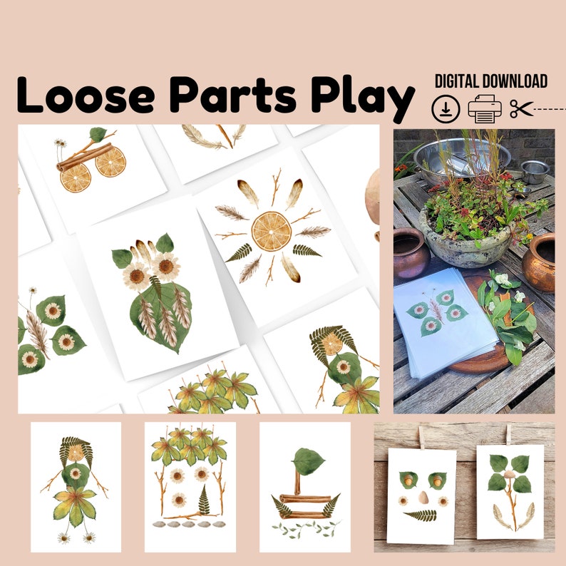 Puede incluir: Cartas imprimibles con actividades de juego de piezas sueltas inspiradas en la naturaleza. Las cartas muestran diferentes arreglos de hojas, ramitas, flores y otros elementos naturales para crear diferentes formas y dise&ntilde;os. Las cartas son perfectas para fomentar la creatividad y la imaginaci&oacute;n en los ni&ntilde;os.