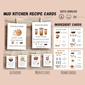 Printable Mud Kitchen Recipe Cards, Ingredient Cards, Montessori Materials, Outdoor Play, Nature Play, Forest School, Homeschool