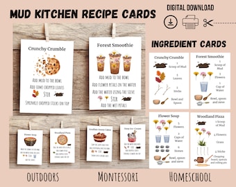 Printable Mud Kitchen Recipe Cards, Ingredient Cards, Montessori Materials, Outdoor Play, Nature Play, Forest School, Homeschool