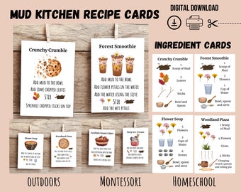 Printable Mud Kitchen Recipe Cards, Ingredient Cards, Montessori Materials, Outdoor Play, Nature Play, Forest School, Homeschool