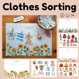Peut inclure: Un ensemble d'activités de tri de vêtements à imprimer avec des thèmes saisonniers. Comprend des cartes avec les étiquettes Été, Automne et Hiver, des bordures de tournesols et de feuillages, et des découpages de vêtements en papier.