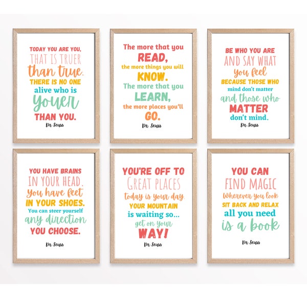 Dr Seuss Quote Prints, Dr Seuss Printables, Dr Seuss Wall Art Set, Kids Room Decor, Nursery Wall Art, Dr Seuss Classroom Decor, Teacher Gift