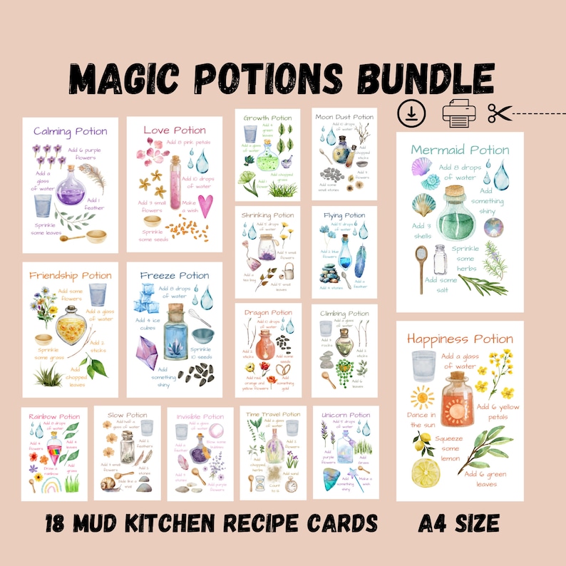 Peut inclure: 18 cartes de recettes illustr&eacute;es &agrave; l'aquarelle pour faire des potions magiques. Chaque carte pr&eacute;sente le nom d'une potion, ses ingr&eacute;dients et ses instructions. Les cartes sont con&ccedil;ues pour le jeu de cuisine en terre et sont au format A4.