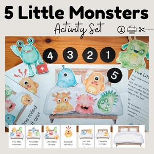 Five Little Monsters Activity Set, Halloween Rhyme, Monster Song, Halloween Activity, Montessori, Prek, Homeschool Printable
