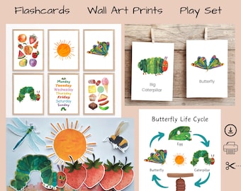 Grafika ścienna z motywem głodnej gąsienicy, fiszki, zestaw do zabawy (do pobrania w wersji cyfrowej)