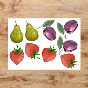 May include: A digital illustration of a collection of fruit, including green pears, red strawberries, and purple plums.