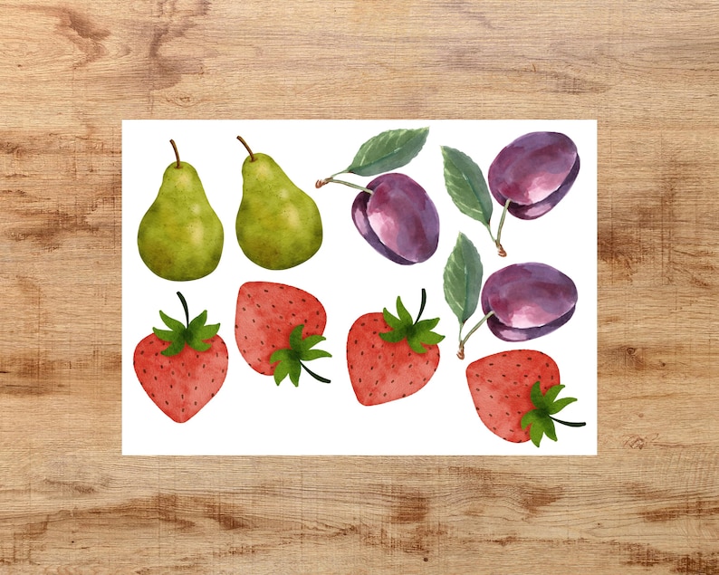 May include: A digital illustration of a collection of fruit, including green pears, red strawberries, and purple plums.