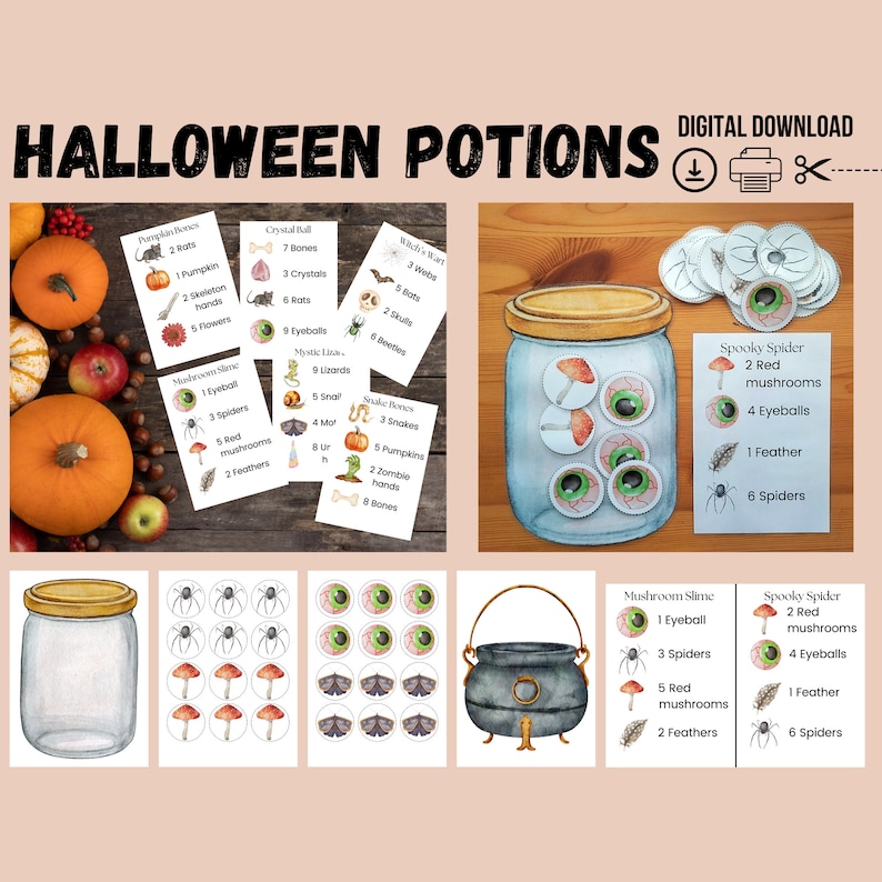 May include: Printable Halloween potion jar game with a set of cards and tokens. The cards list ingredients for different potions, such as "Pumpkin Bones", "Crystal Ball", "Witch's Wart", "Mushroom Slime", and "Spooky Spider". The tokens include eyeballs, spiders, mushrooms, bones, and other Halloween-themed items.
