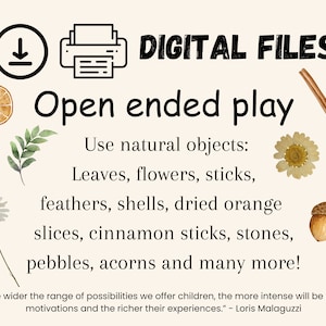 Puede incluir: Archivos digitales imprimibles para un juego abierto. La imagen muestra una variedad de objetos naturales que se pueden usar para jugar, incluyendo hojas, flores, palos, plumas, conchas, rodajas de naranja secas, palitos de canela, piedras, guijarros, bellotas y mucho m&aacute;s. El texto "Cuanto m&aacute;s amplia sea la gama de posibilidades que ofrecemos a los ni&ntilde;os, m&aacute;s intensas ser&aacute;n sus motivaciones y m&aacute;s ricas ser&aacute;n sus experiencias." - Loris Malaguzzi tambi&eacute;n est&aacute; incluido.