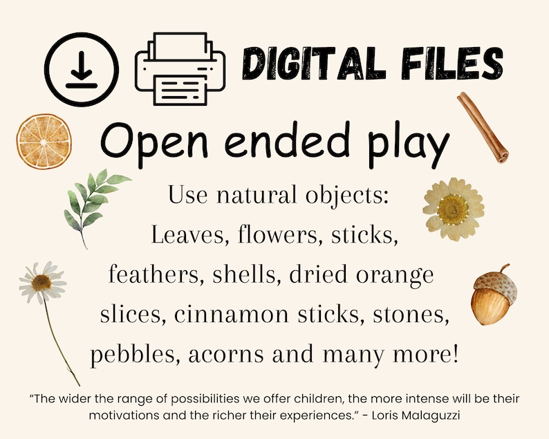 Puede incluir: Archivos digitales imprimibles para un juego abierto. La imagen muestra una variedad de objetos naturales que se pueden usar para jugar, incluyendo hojas, flores, palos, plumas, conchas, rodajas de naranja secas, palitos de canela, piedras, guijarros, bellotas y mucho m&aacute;s. El texto "Cuanto m&aacute;s amplia sea la gama de posibilidades que ofrecemos a los ni&ntilde;os, m&aacute;s intensas ser&aacute;n sus motivaciones y m&aacute;s ricas ser&aacute;n sus experiencias." - Loris Malaguzzi tambi&eacute;n est&aacute; incluido.