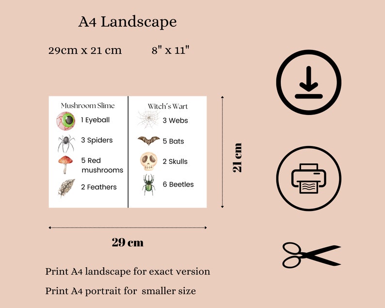 May include: Printable Halloween party game cards with a spooky theme. The cards feature illustrations of eyeballs, spiders, mushrooms, webs, bats, skulls, and beetles. The text on the cards reads "Mushroom Slime" and "Witch's Wart".