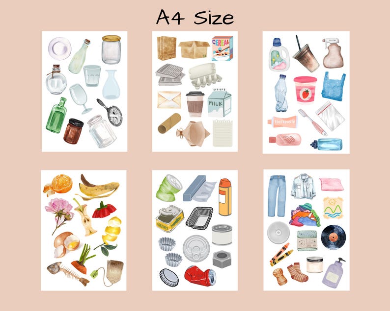 Op de afbeelding: Zes vellen met stickers met verschillende items voor recycling en composteren. De eerste vel toont glazen flessen, potten en een bord. De tweede vel toont kartonnen dozen, papieren zakken en een pak melk. De derde vel toont plastic flessen, een bakje yoghurt en een plastic zak. De vierde vel toont fruit, groenten en voedselresten. De vijfde vel toont blikjes, aluminiumfolie en een plastic bak. De zesde vel toont kleding, een cd en een plaat.