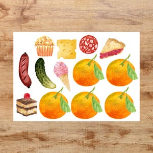May include: A collection of watercolor illustrations of various food items, including a sausage, a pickle, a muffin, a slice of cheese, salami, a slice of pie, an ice cream cone, oranges, and a slice of cake.