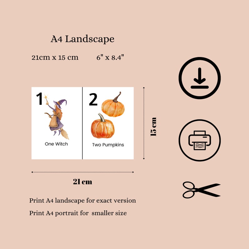 Puede incluir: Dos tarjetas imprimibles con una bruja y calabazas. La primera tarjeta muestra una bruja con una escoba y una estrella, con el n&uacute;mero 1 y el texto "One Witch". La segunda tarjeta muestra dos calabazas con el n&uacute;mero 2 y el texto "Two Pumpkins".