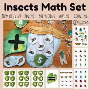 Op de afbeelding: Een Insecten Wiskunde Set voor educatie, met de getallen 1-20, optellen, aftrekken, sorteren en tellen. De set bevat potillustraties met bijenstickers, bladvormige plus- en gelijkheidstekens en insectenillustraties.