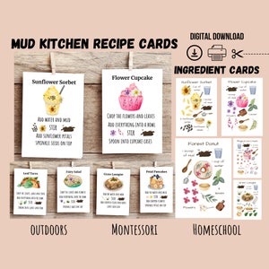 Druckbare Schlamm Küche Rezeptkarten, Zutatenkarten, Montessori Materialien, Spiel im Freien, Naturspiel, Waldschule, Homeschool