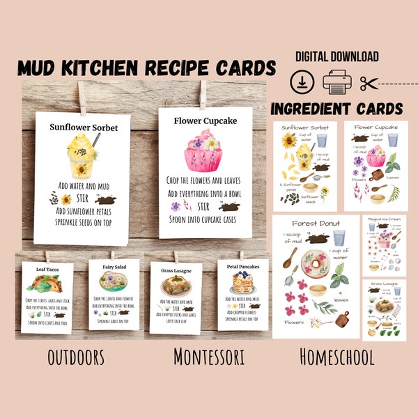 Printable Mud Kitchen Recipe Cards, Ingredient Cards, Montessori Materials, Outdoor Play, Nature Play, Forest School, Homeschool