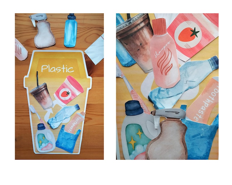 Op de afbeelding: Een gele recyclebak met het woord "Plastic" erop. De bak is gevuld met verschillende plastic voorwerpen, waaronder een fles shampoo, een tube tandpasta, een plastic beker, een plastic rietje en een plastic zak.