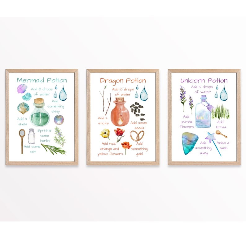 Peut inclure: Trois cartes de recette de potion imprimables avec des illustrations &agrave; l'aquarelle. Les cartes sont intitul&eacute;es "Potion de sir&egrave;ne", "Potion de dragon" et "Potion de licorne". Chaque carte liste les ingr&eacute;dients et les instructions pour faire une potion magique.