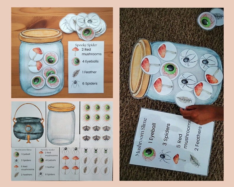 May include: A Halloween-themed counting activity with a glass jar, a cauldron, and various items like red mushrooms, eyeballs, spiders, and feathers. The jar and cauldron have labels with the number of each item. The text on the labels reads: "Mushroom Slime", "Spooky Spider", "1 Eyeball", "2 Red mushrooms", "3 Spiders", "4 Eyeballs", "5 Red mushrooms", "1 Feather", "2 Feathers", "6 Spiders".