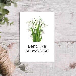 K&ouml;nnte beinhalten: Eine wei&szlig;e Karte mit einem B&uuml;schel wei&szlig;er Schneegl&ouml;ckchen mit gr&uuml;nen Bl&auml;ttern. Der Text "Bend like snowdrops" ist in Schwarz unter den Blumen gedruckt.
