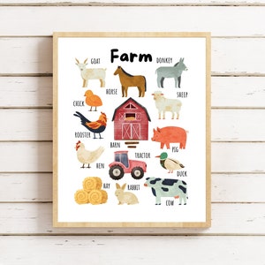 Cartel de niños de animales de granja, arte de pared imprimible de animales de granja, cartel de aprendizaje de animales, Montessori, educación en el hogar, cartel de aula, arte de guardería