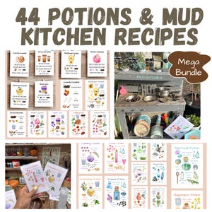 May include: A collection of 44 printed recipe cards for a mud kitchen, featuring watercolor illustrations of ingredients and instructions for various potions. The set includes cards titled Crunchy Crumble, Forest Smoothie, and Mermaid Potion, displayed alongside a wooden mud kitchen play station.