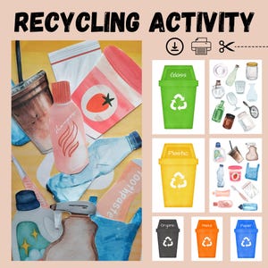 Può includere: Un'attività educativa colorata per i bambini per imparare il riciclaggio. L'immagine mostra diversi tipi di rifiuti, come vetro, plastica, organico, metallo e carta, e i relativi contenitori di riciclaggio. I contenitori sono etichettati con il tipo di rifiuto per cui sono destinati.