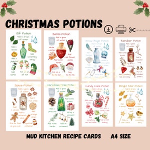 Weihnachts-Schlammküche Rezeptkarten, druckbare Weihnachtstränke, Montessori Materialien, Naturspiel, Waldschule, Winter-Schlammküche