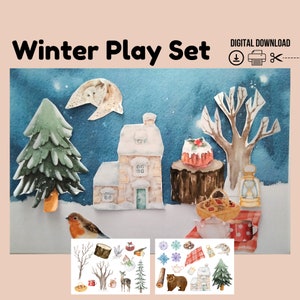 Conjunto de brincadeiras de inverno, floresta de inverno de papel, brincadeira de faz de conta de Natal, animais de inverno de papel, artesanato de papel faça você mesmo, Montessori, pré-escola, impressão para educação domiciliar